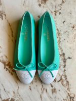 Chanel CC Cap Toe Bow Leather Ballet Flats Turquoise & White