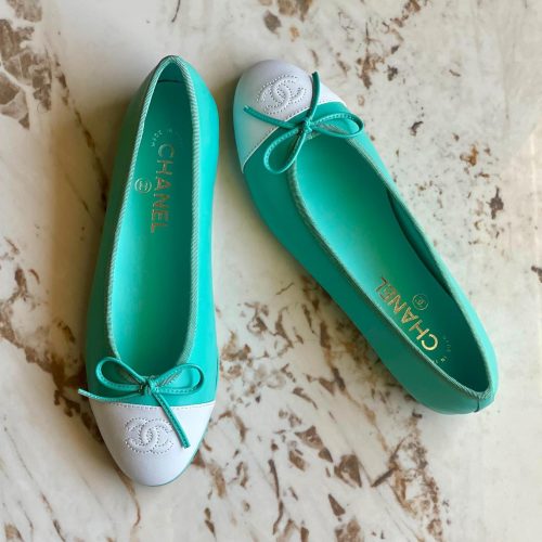 Chanel CC Cap Toe Bow Leather Ballet Flats Turquoise & White