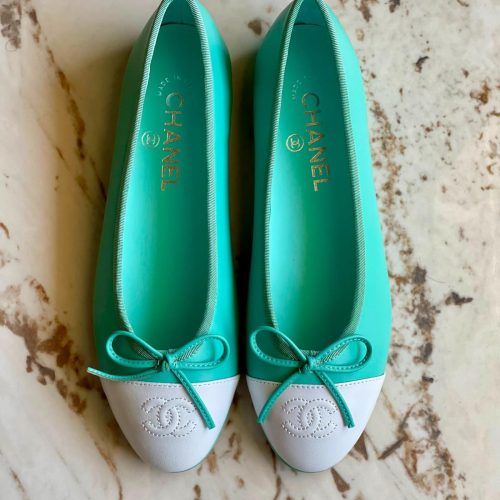 Chanel CC Cap Toe Bow Leather Ballet Flats Turquoise & White