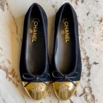 Chanel CC Gold Cap Toe Bow Ballet Flats Black Suede