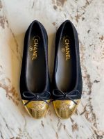 Chanel CC Gold Cap Toe Bow Ballet Flats Black Suede