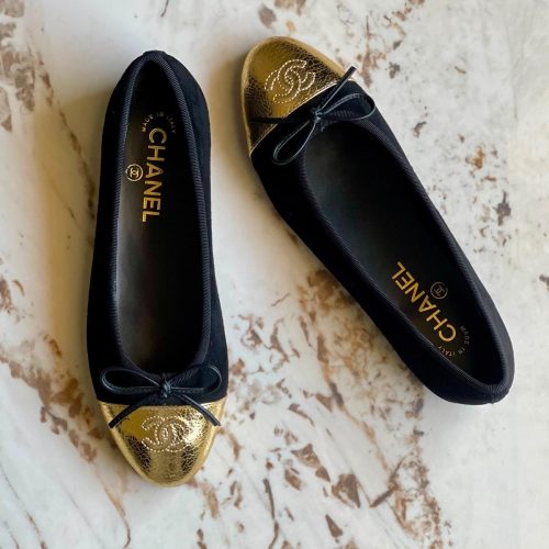 Chanel CC Gold Cap Toe Bow Ballet Flats Black Suede