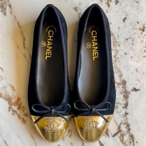 Chanel CC Gold Cap Toe Bow Ballet Flats Black Suede