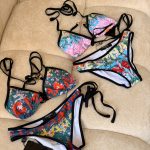 Chanel CC Logo Tropical Print Triangle Bikini Set Multicolor Swimwear