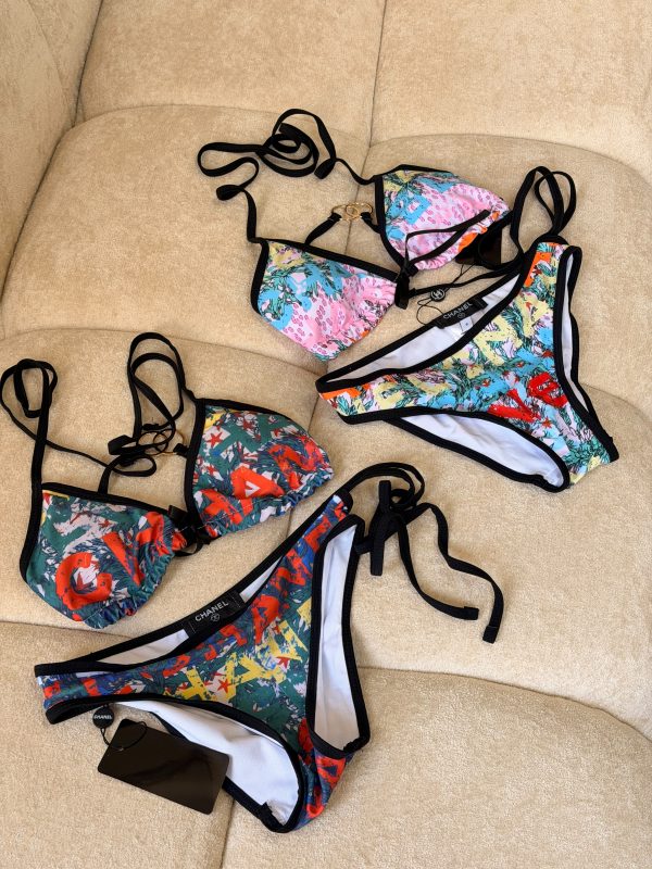 Chanel CC Logo Tropical Print Triangle Bikini Set Multicolor Swimwear