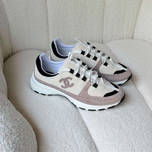 Chanel Calfskin Light Pink Suede CC Sneakers