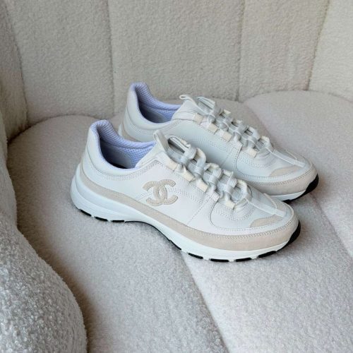 Chanel Calfskin Off White Suede CC Sneakers