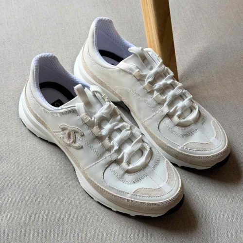 Chanel Calfskin Off White Suede CC Sneakers
