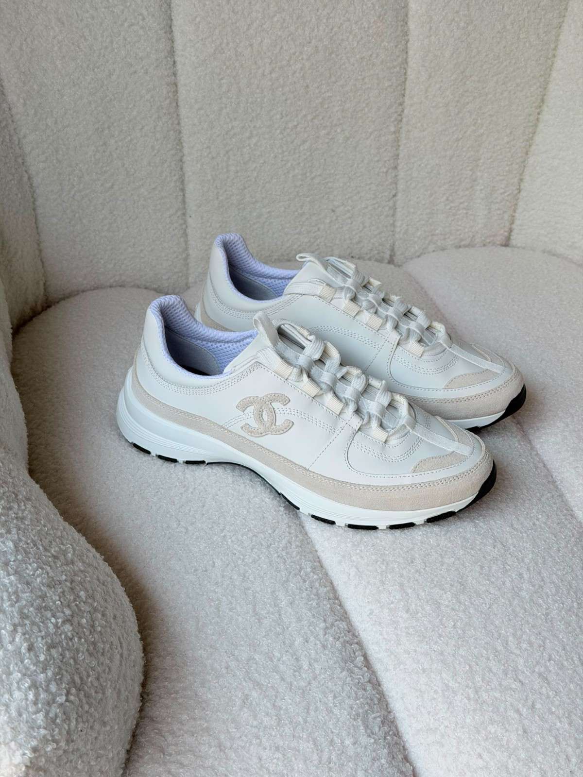 Chanel Calfskin Off White Suede CC Sneakers Chanel Calfskin Off White Suede CC Sneakers