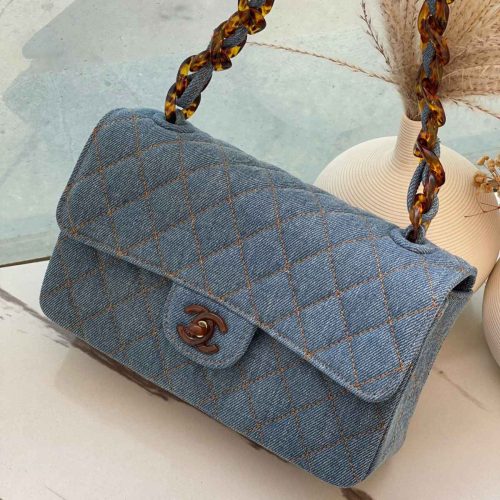 Chanel Denim Quilted Classic Flap Bag Light Blue with Tortoiseshell Chain