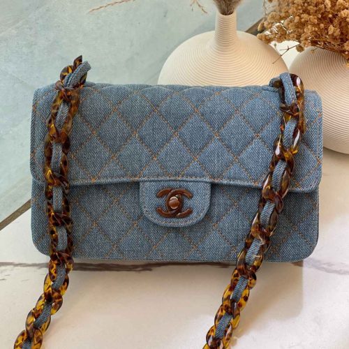 Chanel Denim Quilted Classic Flap Bag Light Blue with Tortoiseshell Chain