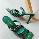 Chanel Green Crocodile Embossed Leather Square Toe Heels