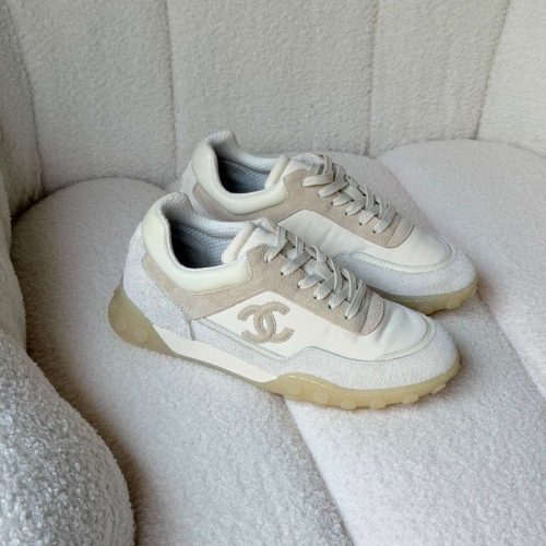 Chanel Ivory Mixed Fibers Suede Calfskin Womens CC Sneakers