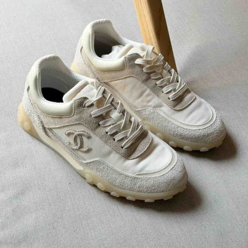 Chanel Ivory Mixed Fibers Suede Calfskin Womens CC Sneakers