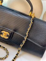 Chanel Long Top Handle Clutch with Chain Black Lizard Embossed Calfskin