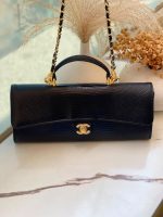 Chanel Long Top Handle Clutch with Chain Black Lizard Embossed Calfskin