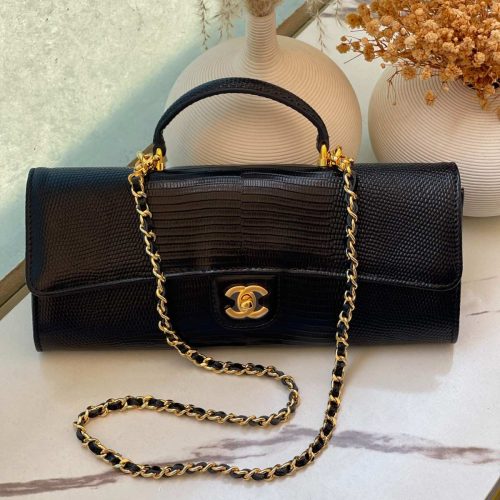 Chanel Long Top Handle Clutch with Chain Black Lizard Embossed Calfskin