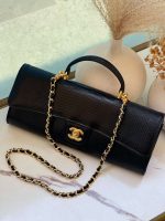 Chanel Long Top Handle Clutch with Chain Black Lizard Embossed Calfskin