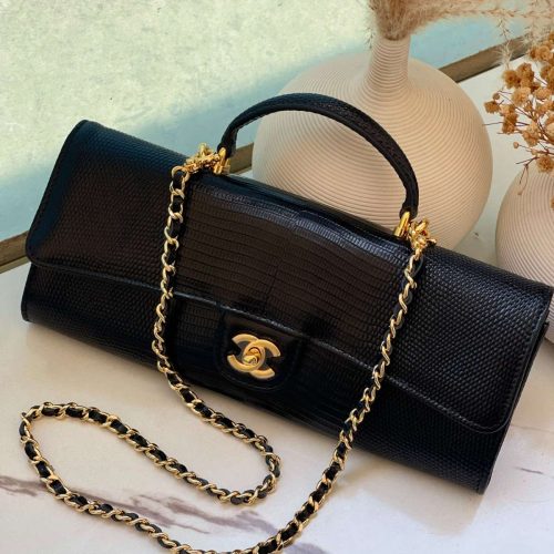 Chanel Long Top Handle Clutch with Chain Black Lizard Embossed Calfskin