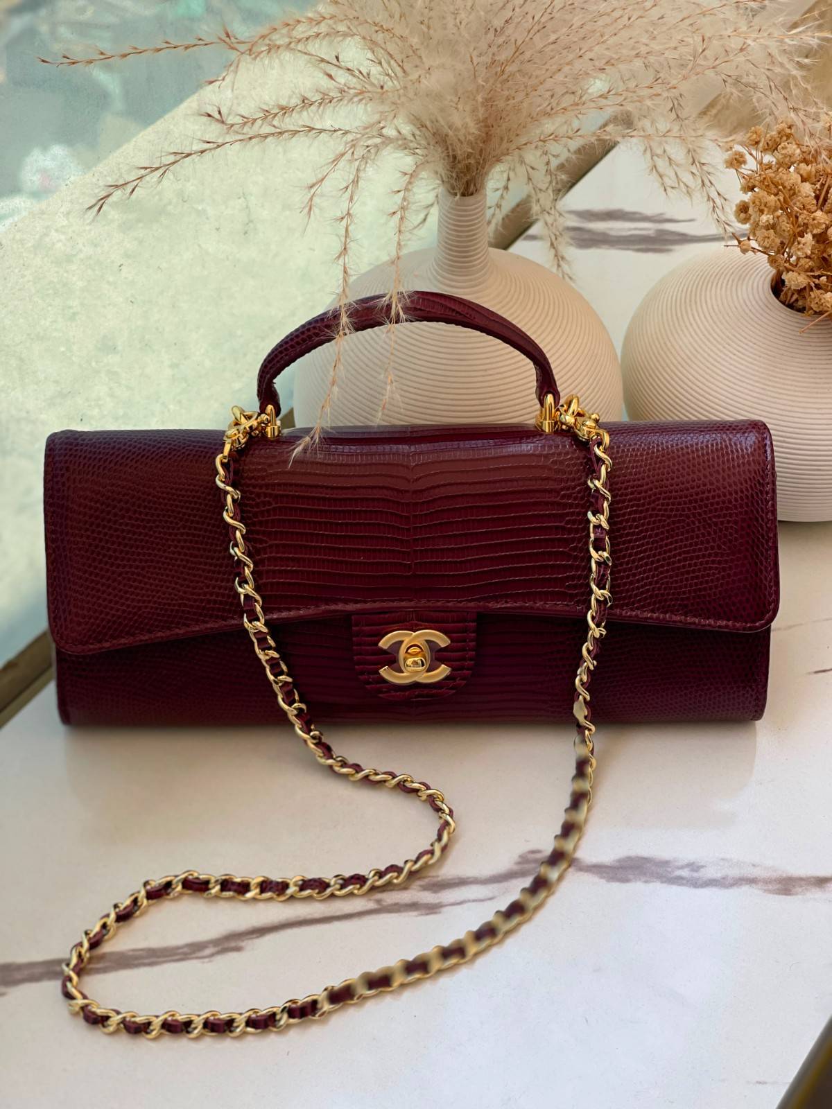 Chanel Long Top Handle Clutch with Chain Dark Burgundy Lizard Embossed Calfskin (2) Chanel Long Top Handle Clutch with Chain Dark Burgundy Lizard Embossed Calfskin