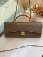 Chanel Long Top Handle Clutch with Chain Dark Khaki Lizard Embossed Calfskin