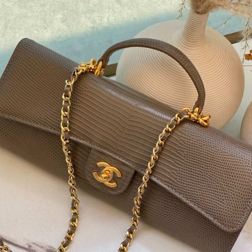 Chanel Long Top Handle Clutch with Chain Dark Khaki Lizard Embossed Calfskin