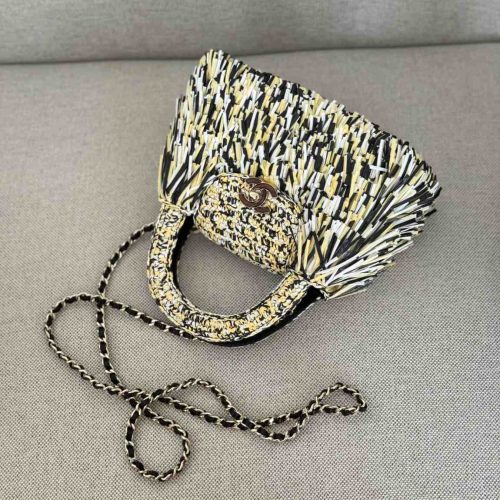Chanel Nano Kelly Raffia Fringe Top Handle Bag Yellow Black White (1)