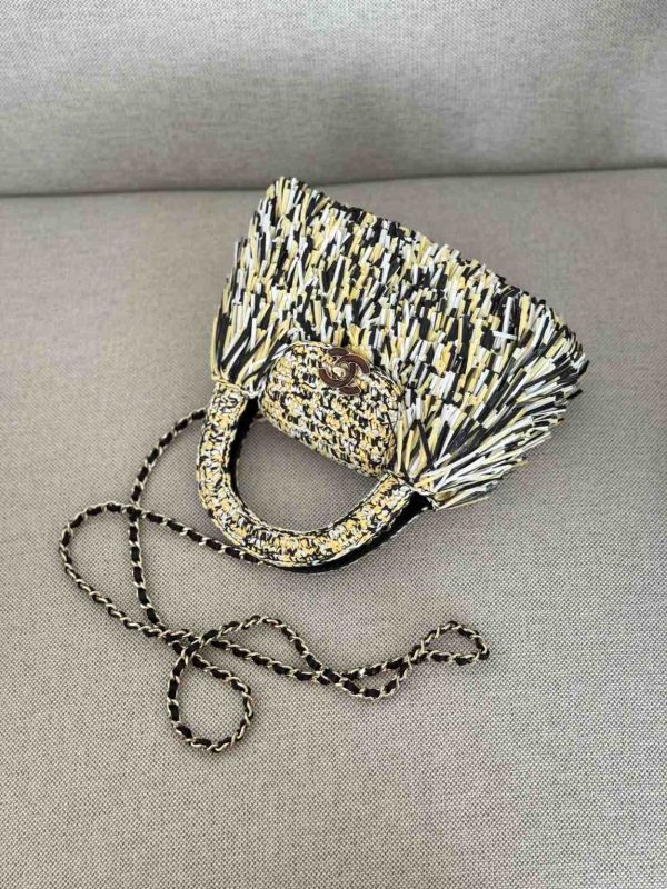 Chanel Nano Kelly Raffia Fringe Top Handle Bag Yellow Black White (1)