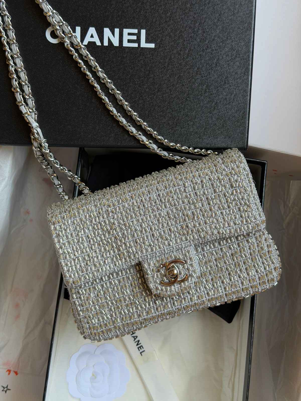Chanel Silver Sequin and Beaded Classic Flap Shoulder Bag Chanel Silver Sequin and Beaded Classic Flap Shoulder Bag