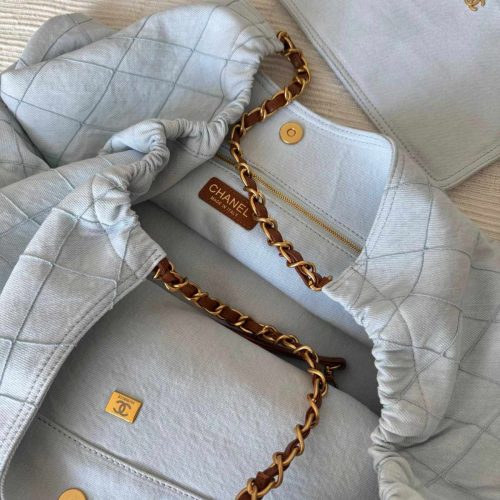 Chanel Small Shopping Tote Coco Beach Denim & Calfskin Light Blue Brown