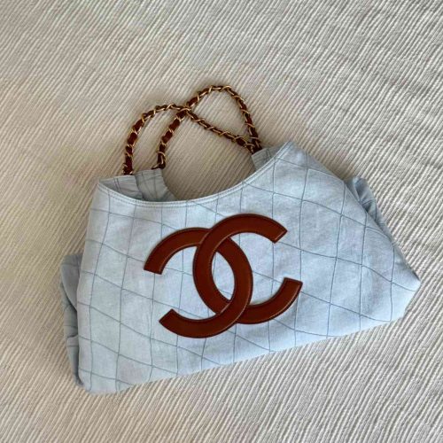 Chanel Small Shopping Tote Coco Beach Denim & Calfskin Light Blue Brown