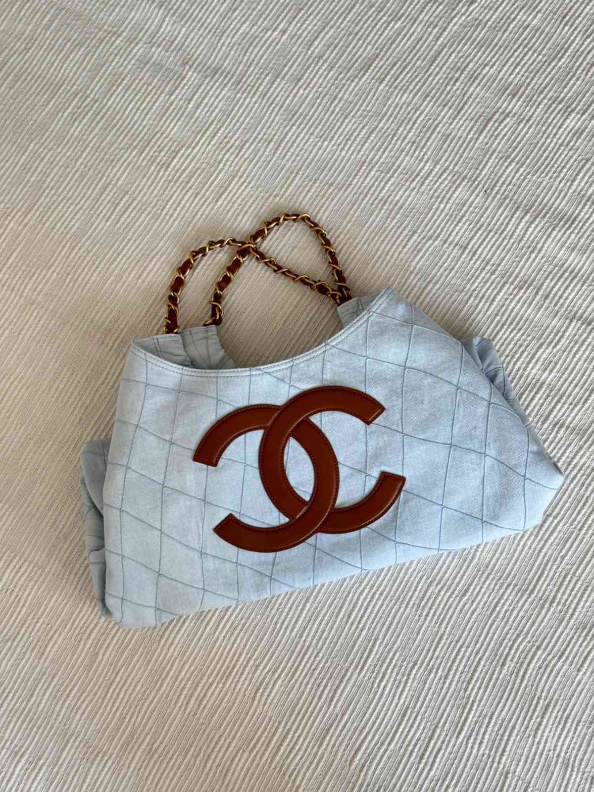 Chanel Small Shopping Tote Coco Beach Denim & Calfskin Light Blue Brown Chanel Small Shopping Tote Coco Beach Denim & Calfskin Light Blue Brown