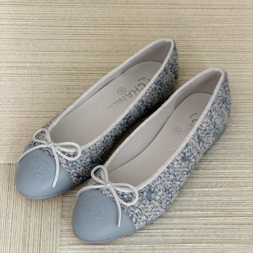 Chanel Tweed Lambskin Cap Toe Ballet Flats In Light Blue