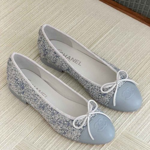 Chanel Tweed Lambskin Cap Toe Ballet Flats In Light Blue
