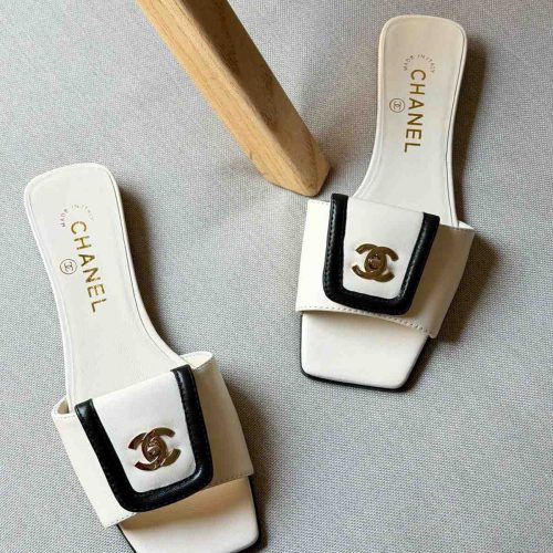 Chanel White Black Square Lambskin Leather CC Turnlock Mule Sandals
