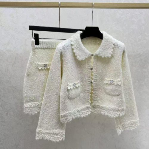 Chanel White Textured Knit Cardigan Jacket & Mini Skirt Set