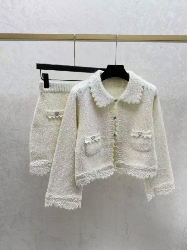 Chanel White Textured Knit Cardigan Jacket & Mini Skirt Set
