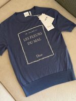 Dior Book Cover Short-Sleeved Fitted Sweater Blue & White Silk Knit