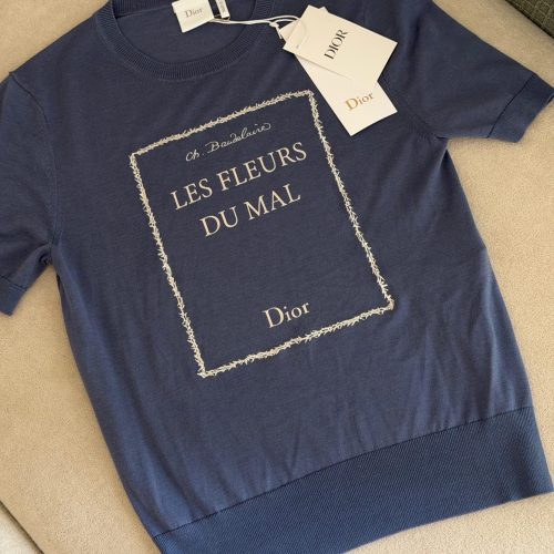 Dior Book Cover Short-Sleeved Fitted Sweater Blue & White Silk Knit