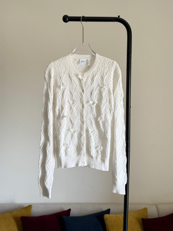 Dior Dioriviera Bow Embroidered Openwork Cotton Knit Cardigan White