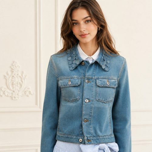 Dior Dioriviera Light Wash Denim Jacket With Floral Embroidered Collar