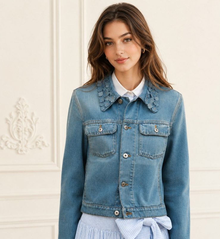 Dior Dioriviera Light Wash Denim Jacket With Floral Embroidered Collar