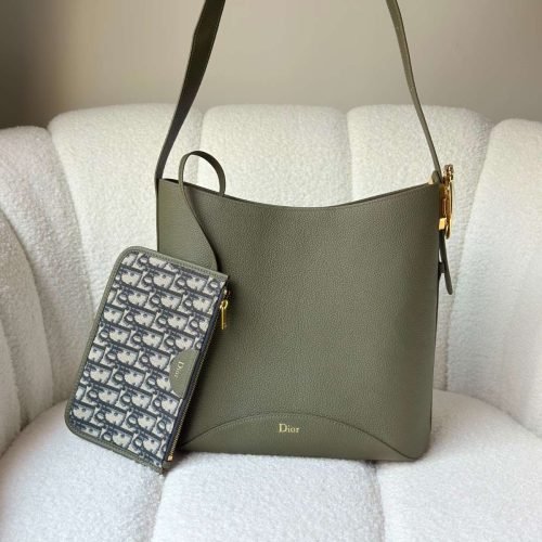 Dior Medium Médaillon Bucket Bag Khaki Grained Calfskin