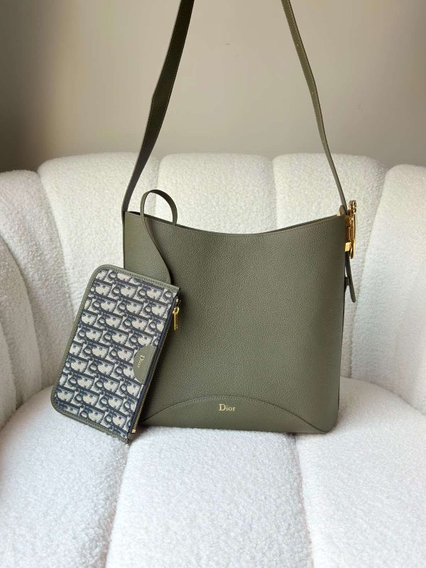 Dior Medium Médaillon Bucket Bag Khaki Grained Calfskin