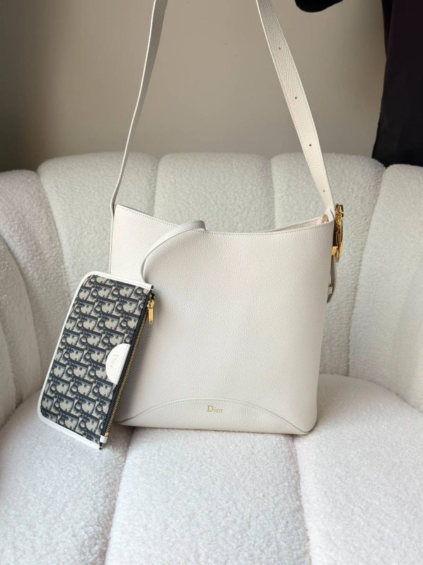 Dior Medium Médaillon Bucket Bag White Grained Calfskin