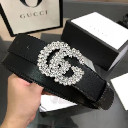 Gucci Marmont Crystal Embellished GG Buckle On Black Leather