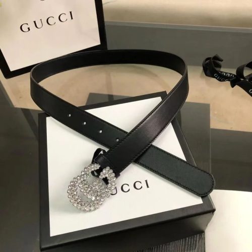 Gucci Marmont Crystal Embellished GG Buckle On Black Leather