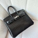 Hermes Birkin 25 Black Shiny Crocodile Embossed Leather Palladium Hardware