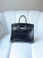 Hermes Birkin 25 Black Shiny Crocodile Embossed Leather Palladium Hardware