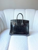 Hermes Birkin 25 Black Shiny Crocodile Embossed Leather Palladium Hardware
